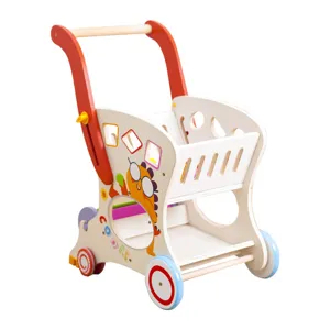 Wooden baby walker shopping cart toy for toddlers with shape sorter and colorful dinosaur design.