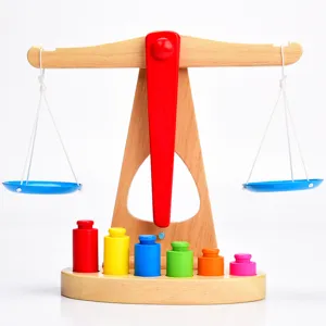 Montessori wooden balance scale toy with colorful weights for kids early math education