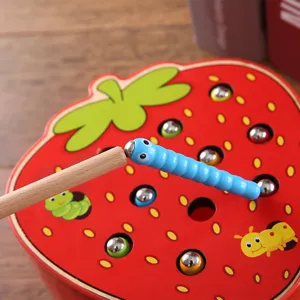 Wooden Montessori strawberry catching worm toy for toddler early education brain game.