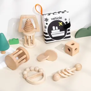 Wooden baby rattle set with contrast soft book sensory toys infant gripping development toys