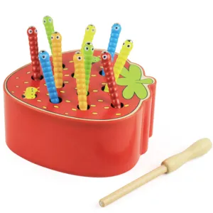 Wooden Montessori Magnetic Strawberry Worm Catching Toy Early Educational Puzzle Game