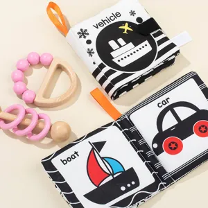 Infant black white cloth book and wooden rattle set newborn baby early educational toy.