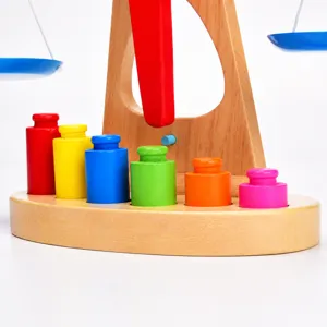 Montessori wooden balance scale toy for kids math learning with colorful weights educational.