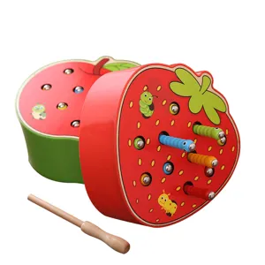 Wooden Montessori early education fruit worm-catching game toy for kids learning and fun.