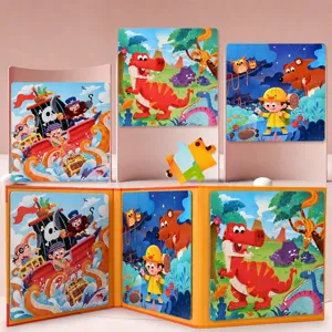 Magnetic progressive puzzle book for kids, dinosaur and pirate themes, early educational toy.
