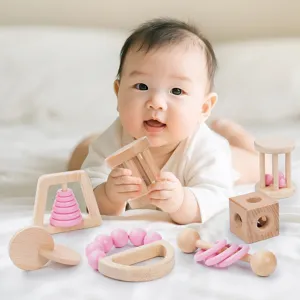 Wooden baby rattle set and grasping teething toys for infants aged 0-1 years, cute main product view
