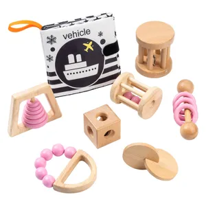 Wooden baby rattle set with black white cloth book, infant sensory grasping toys for early learning.