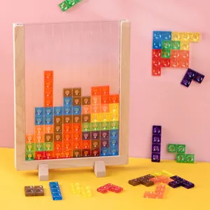 Houten 3D Tetris puzzel educatief speelgoed voor kinderen met gekleurde doorschijnende blokken.