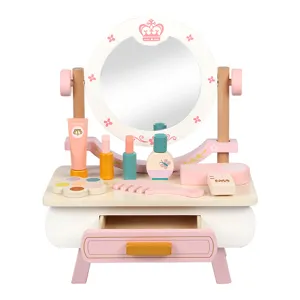 Ensemble de coiffeuse de maquillage en bois pour enfants avec miroir et accessoires mignons.