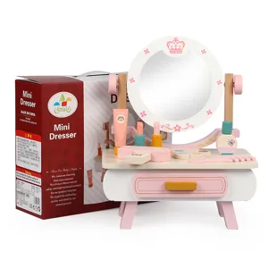 Ensemble de coiffeuse jouet en bois pour enfants, mini coiffeuse avec miroir et accessoires.