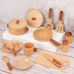 Children Wooden Pretend Play Kitchen Toy Set Beech Wood Simulation Cooking Utensils Fruit Vegetables Educational Toys