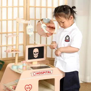 Wooden doctor medical play set toy for kids with simulation clinic accessories and cart.