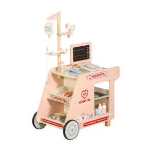 Kids wooden pretend play medical trolley doctor cart toy set with rich medical accessories
