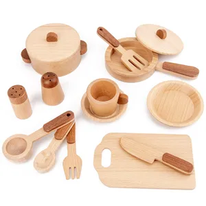Wooden pretend play kitchen cookware set for kids simulation cooking toys playhouse