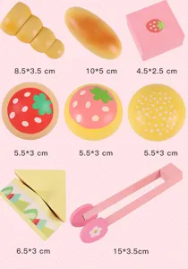 Wooden afternoon tea toy set with various play food and size dimensions for kids.