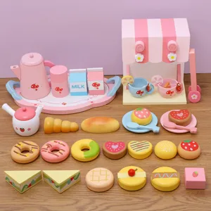 Wooden Pretend Play Kitchen Coffee Maker Cake Simulation Toy Children Afternoon Tea Pastry Tea Set Educational Toy