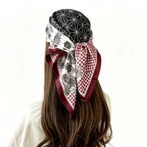 Retro square headscarf detail showing vintage geometric floral and checkerboard pattern.