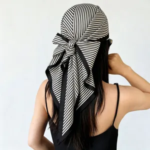 Black and white striped silk scarf, large triangular headscarf and summer sun protection shawl.