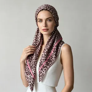 Satin leopard print headscarf turban for women, stylish summer sun protection hair accessory.