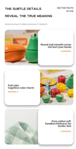 Wooden toy fruit cutting set for kids early education, color cognition and safe play details.