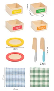 Wooden toy detail showing size dimensions of classification boxes, plates, knives and cloth.