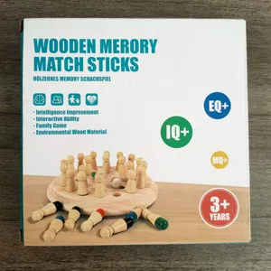 Wooden memory match stick game detail view, educational toy packaging showing wooden pegs.