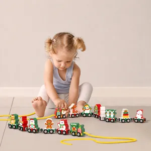 Wooden Magnetic Christmas Train Toy Early Education Pull Along Train Set Kids Toddler Holiday Gift