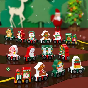 Wooden Christmas train toy with magnetic carriages, festive design for kids early education.