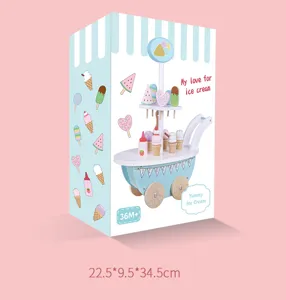 Wooden ice cream cart toy for kids pretend play, sweet dessert stroller with multi accessories.