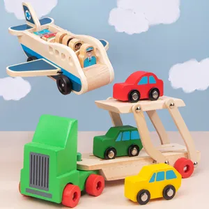 Kids Wooden Transport Simulation Double-Decker Car And Airplane Model Educational Toy Set Toddler Early Education Play Toy