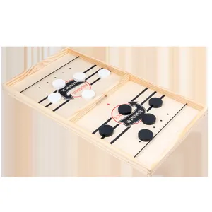 Wooden fast sling puck game, two player battle board toy for family interactive fun.
