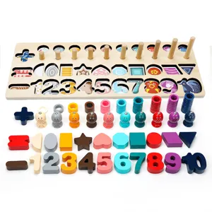 Kids wooden 5-in-1 educational toy with numbers shapes rings and magnetic fishing game.
