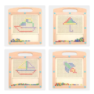 Wooden magnetic bead drawing board for kids, educational pen control toy with colorful beads.
