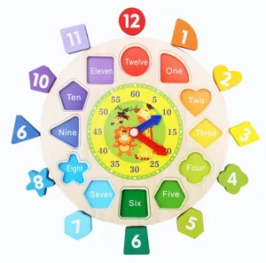 Holz-Formensortieruhr fuer Kinder, fruehkindliches Lernspielzeug aus Holz mit Farben.