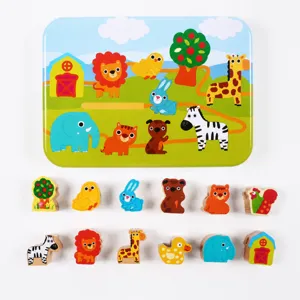 Houten kinder rijgspel set met kleurrijke dieren houten kralen en een handig opbergblik.