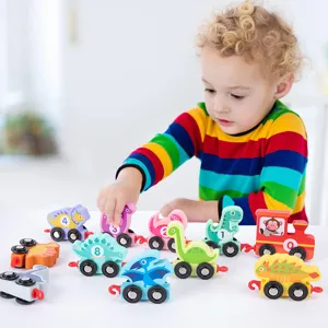 Set de train de dinosaure en bois avec chiffres pour tout-petits, jouet éducatif à tirer.