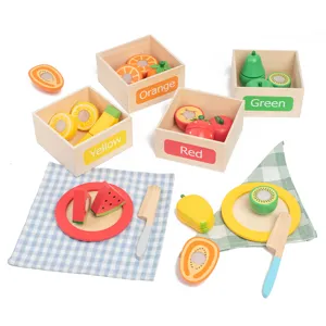 Wooden fruit cutting toy set for kids, early education color sorting game with storage boxes.