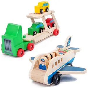 Wooden car carrier truck and airplane toy set, kids educational transport model main view