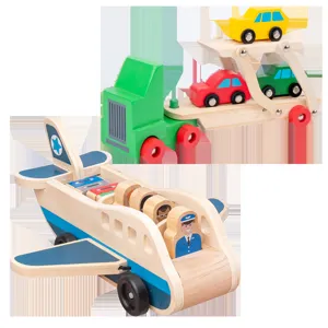 Wooden toy airplane and car carrier truck set, educational simulation vehicle model for kids.