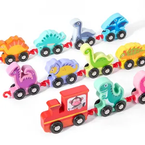 Ensemble de jouets de train à tirer en bois dinosaure pour l'éducation précoce des enfants.