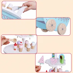 Wooden ice cream cart toy for kids, pretend play dessert shop walker with cute accessories.