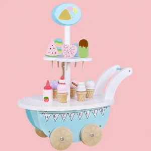 Kids wooden ice cream cart toy pretend play trolley with sweet desserts and colorful wheels.