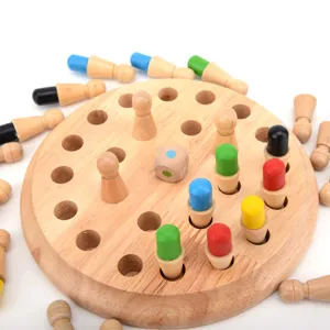 Wooden memory chess game for kids, early educational color matching toy with pegs and dice.