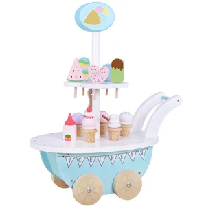 Children wooden ice cream cart toy, pretend play dessert vending push walker for kids.
