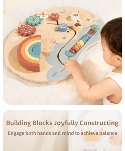 Montessori wooden busy board toy with gears and beads for toddler early educational training.