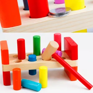 Wooden pounding bench toy for toddlers, colorful pegs hammering game with wooden hammer for kids.