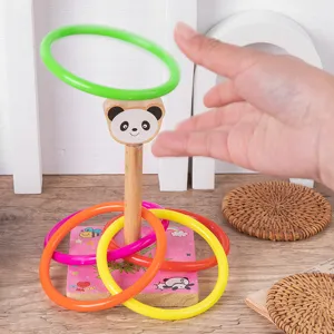 Wooden children educational toy ring toss game, cute panda design with colorful rings for kids.