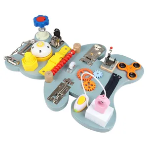 Wooden sensory busy board for toddlers, montessori learning toy with multi-functional parts.