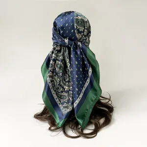 Silk satin square scarf with paisley and polka dot print, 90cm stylish head wrap for women.