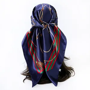 Women silk square scarf 90x90cm classic retro chain printed head scarf fashion neck wrap